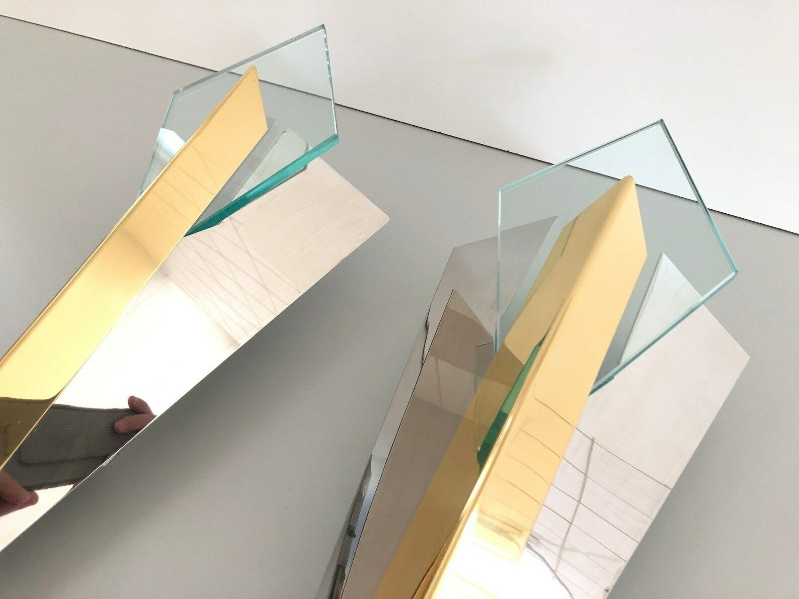 Luxurious Chrome And Gold Metal Triangle Design Pair Of Sconces By J.T. Kalmar, 1970s, Germany photo Lighting