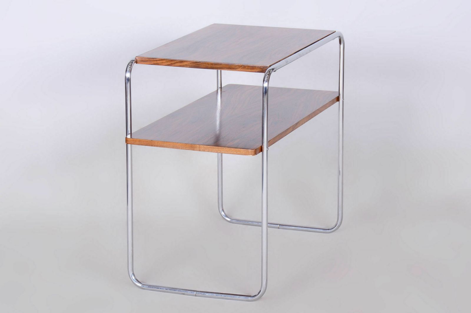 Restored Bauhaus Side Table, Hynek Gottwald, Walnut, Chrome Plated Steel, Revitalized Polish, Professionally Cleaned Chrome, Czechia, 1930s photo for sale