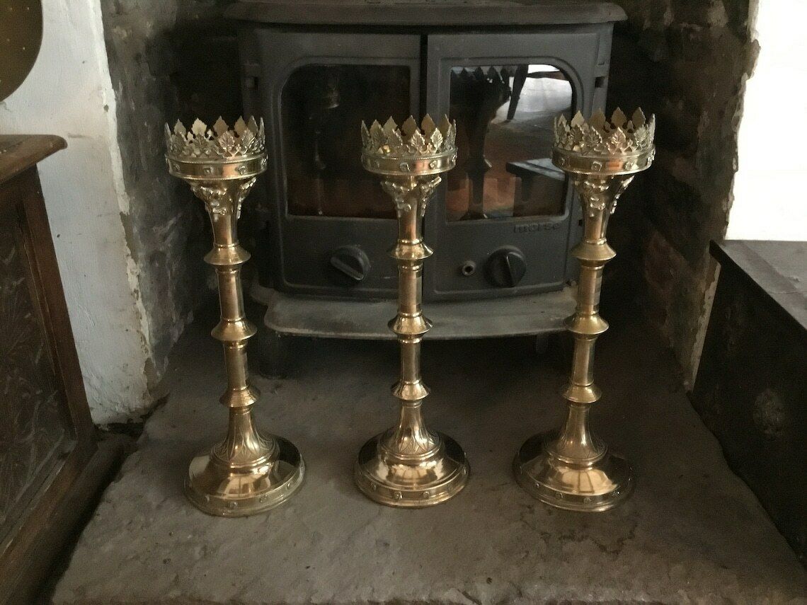 Stunning Set Of 3 Large Brass Gothic Revival Church Altar Candlesticks