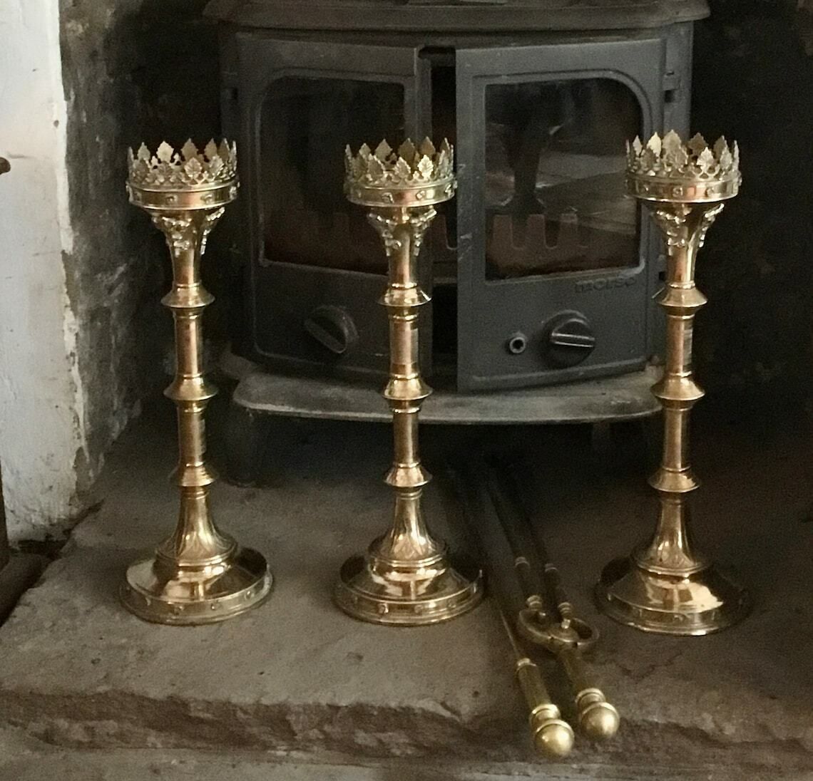 Stunning Set Of 3 Large Brass Gothic Revival Church Altar Candlesticks photo furniture