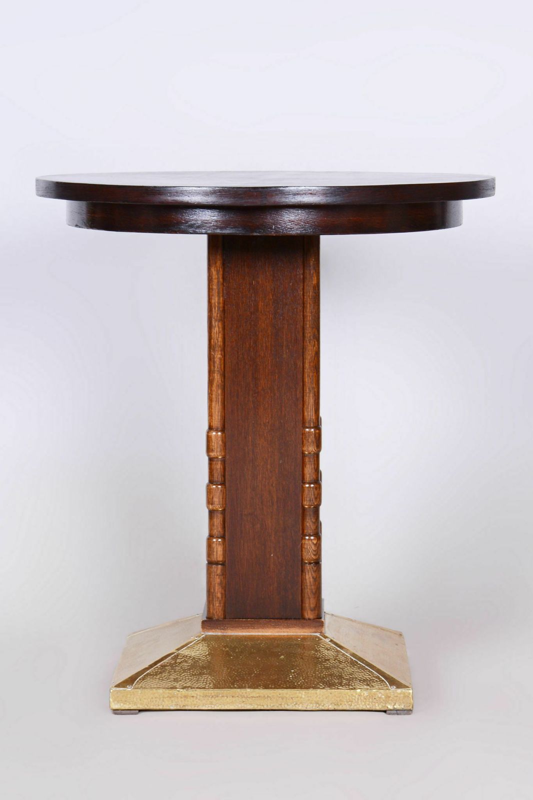 Restored Art Deco Small Table, Oak, Brass, Revived Polish, Czechia, 1920s photo Furniture