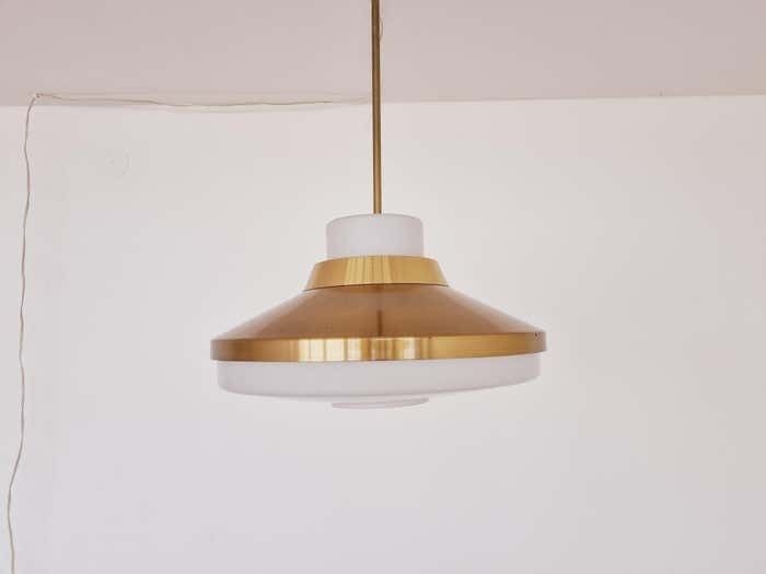 Set Of Two Brass And Milk Glass Midcentury Pendants Kamenicky Senov 1970s photo vinterior