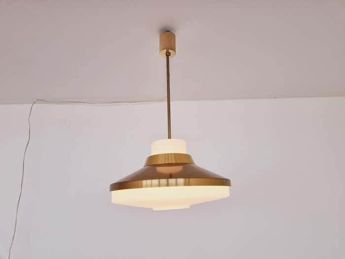 photo furniture Set Of Two Brass And Milk Glass Midcentury Pendants Kamenicky Senov 1970s
