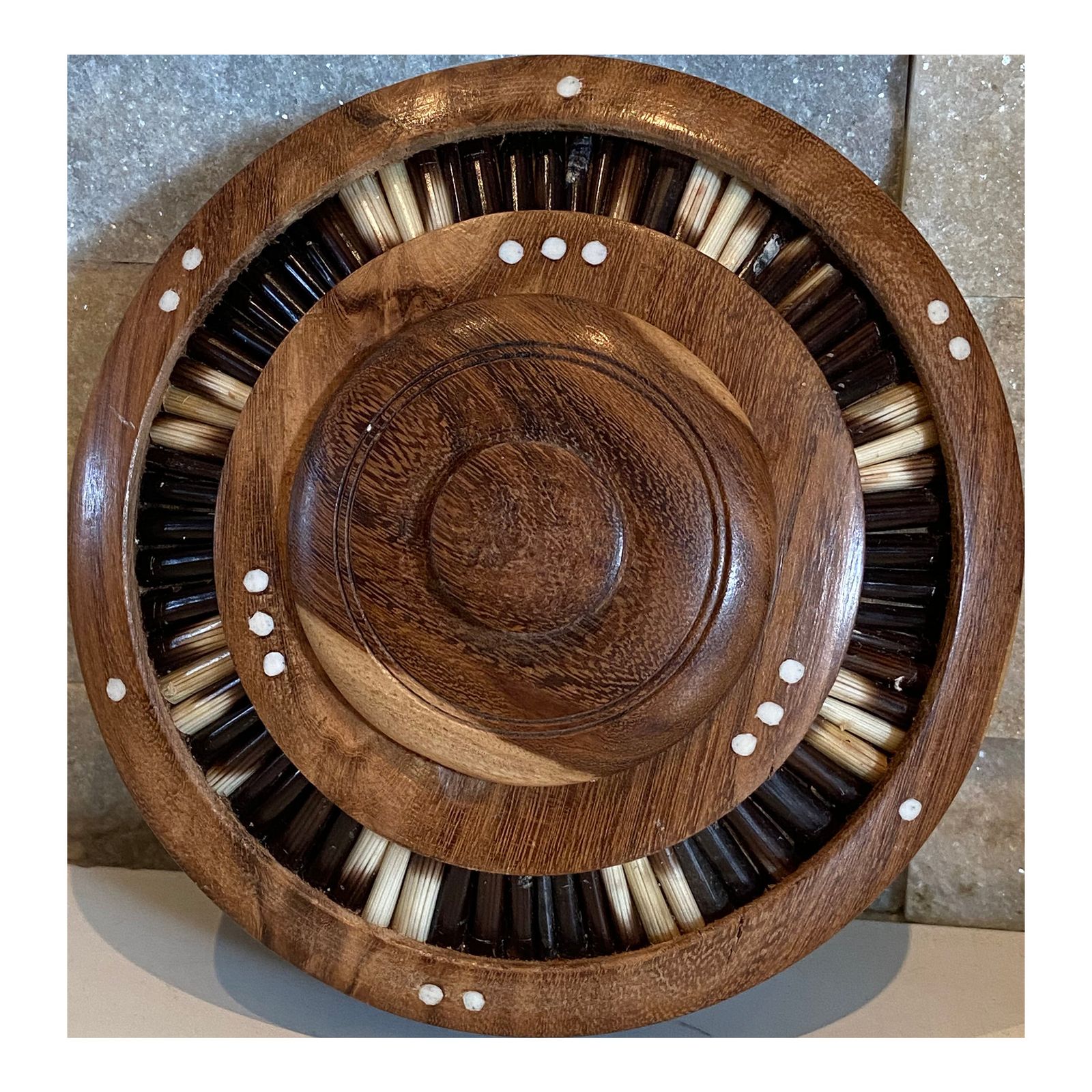 Antique Porcupine Quill Lidded Walnut Wooden Desk Box Bowl Cigarettes Holer Ashtray