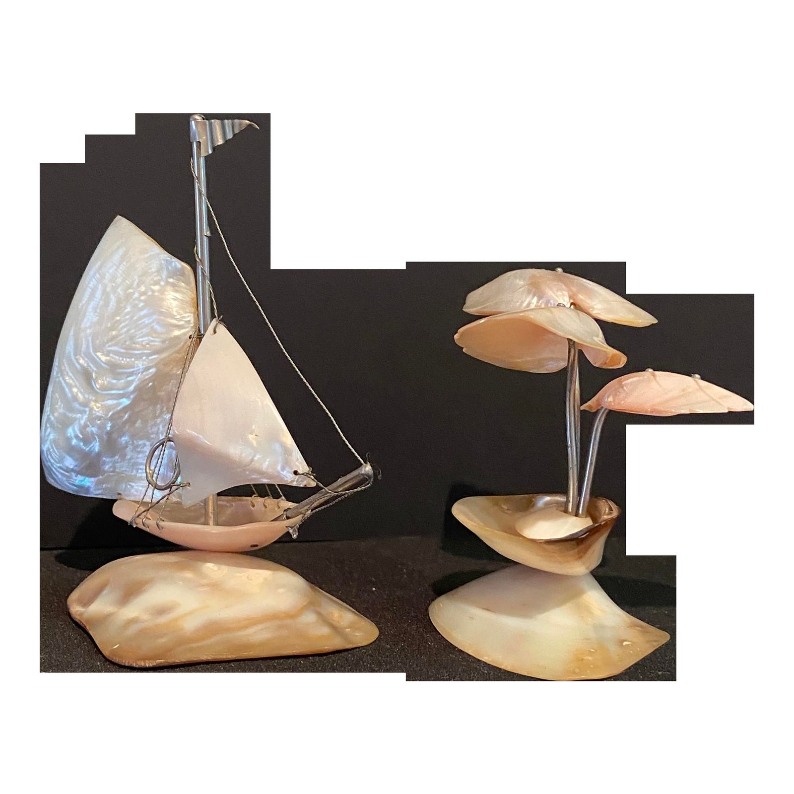 A Pair Of Early 20th Century Art Deco Spinnaker Sailing Yacht Sculpture And Tropical Tree