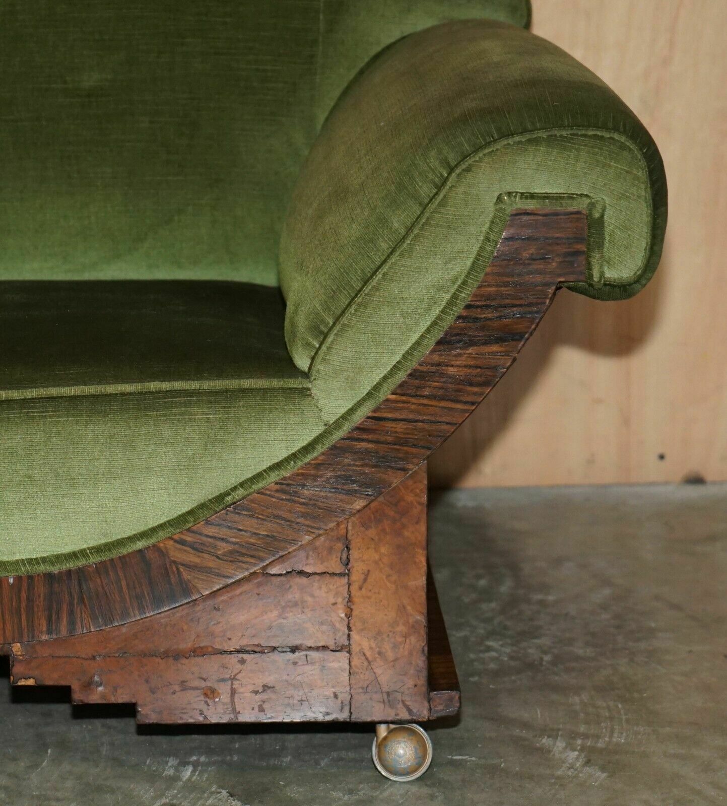 Stylish Antique Art Deco Cir 1920 Burr Walnut Green Velour Sofa Part Of A Suite photo Furniture