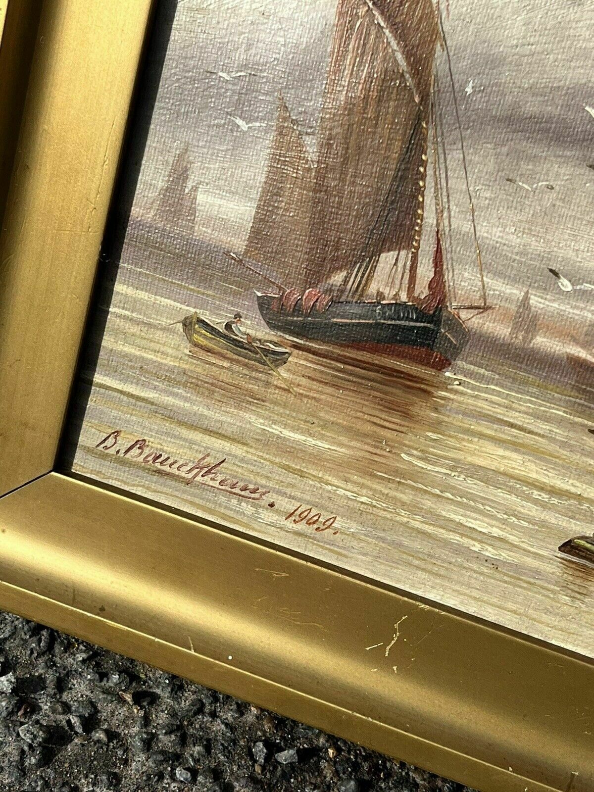 Pair Of Framed Maritime / Marine Oil Paintings, Signed And Dated 1909 photo vintage