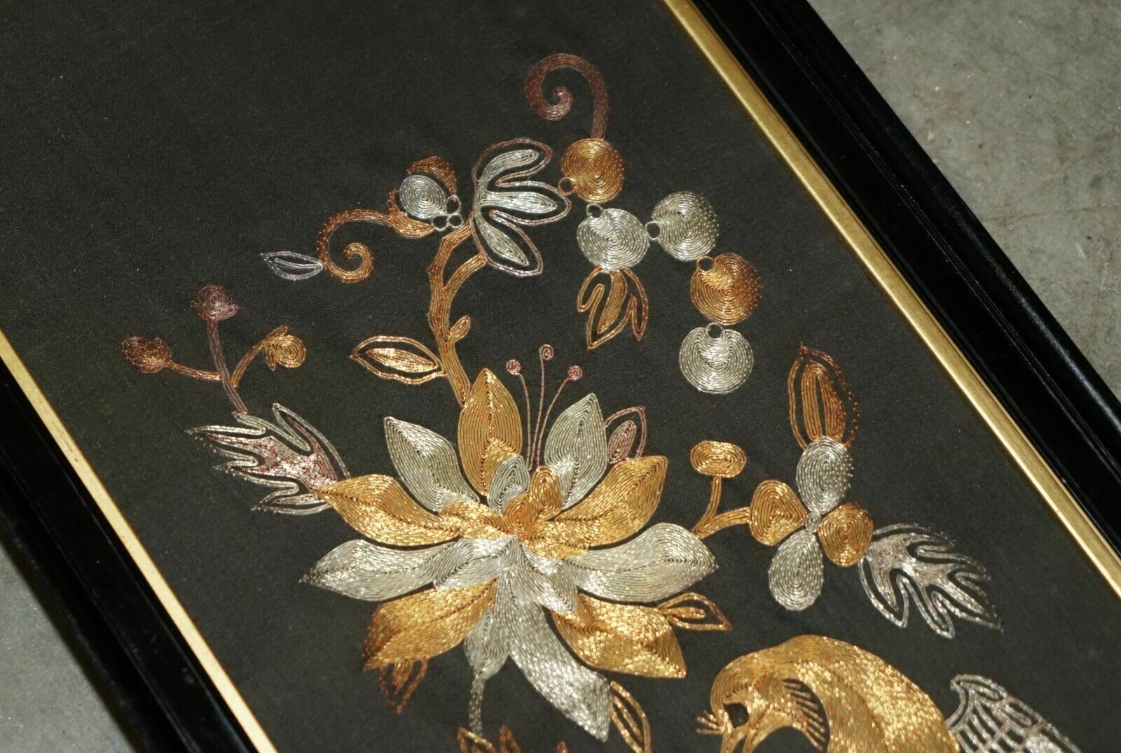 Pair Of 19th Century Chinese Bird & Flowers Gold Silver Stitch Silk Embroideries photo Art