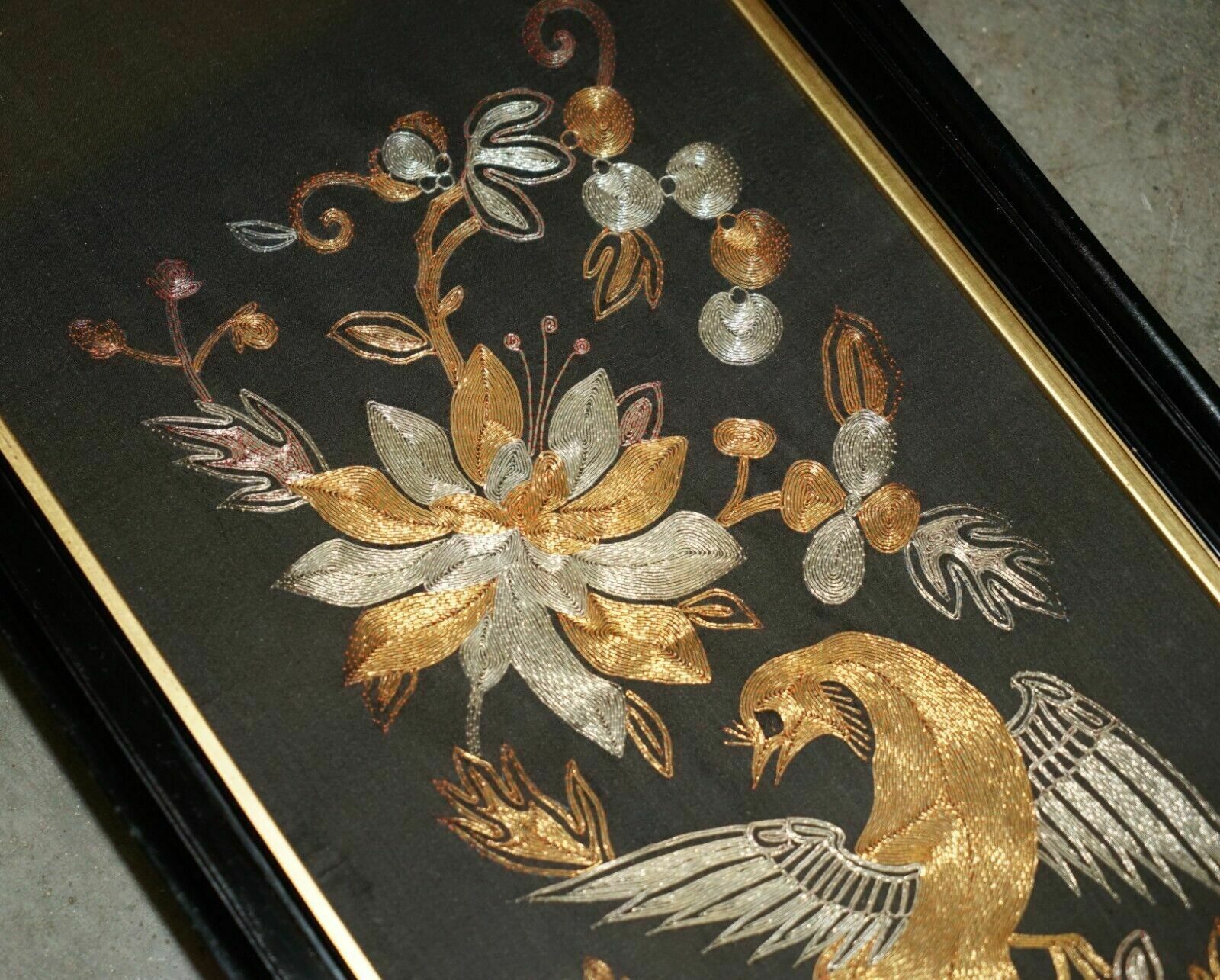 Pair Of 19th Century Chinese Bird & Flowers Gold Silver Stitch Silk Embroideries photo 1950.0