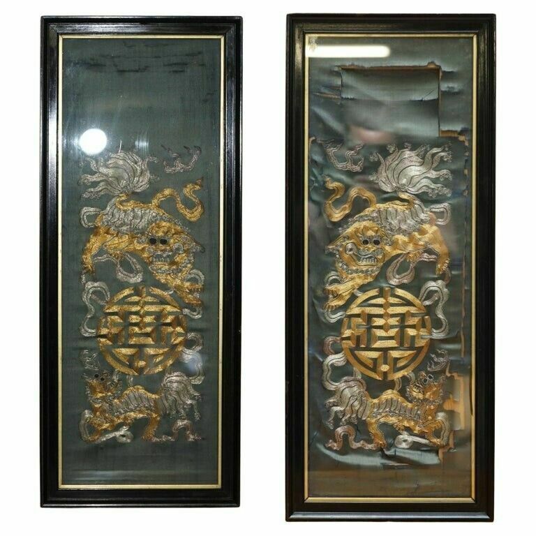 Pair Of 19th Century Chinese Dragon Foo Dog Gold Silver Stitch Silk Embroideries