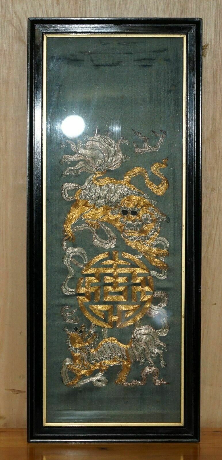 Pair Of 19th Century Chinese Dragon Foo Dog Gold Silver Stitch Silk Embroideries photo furniture