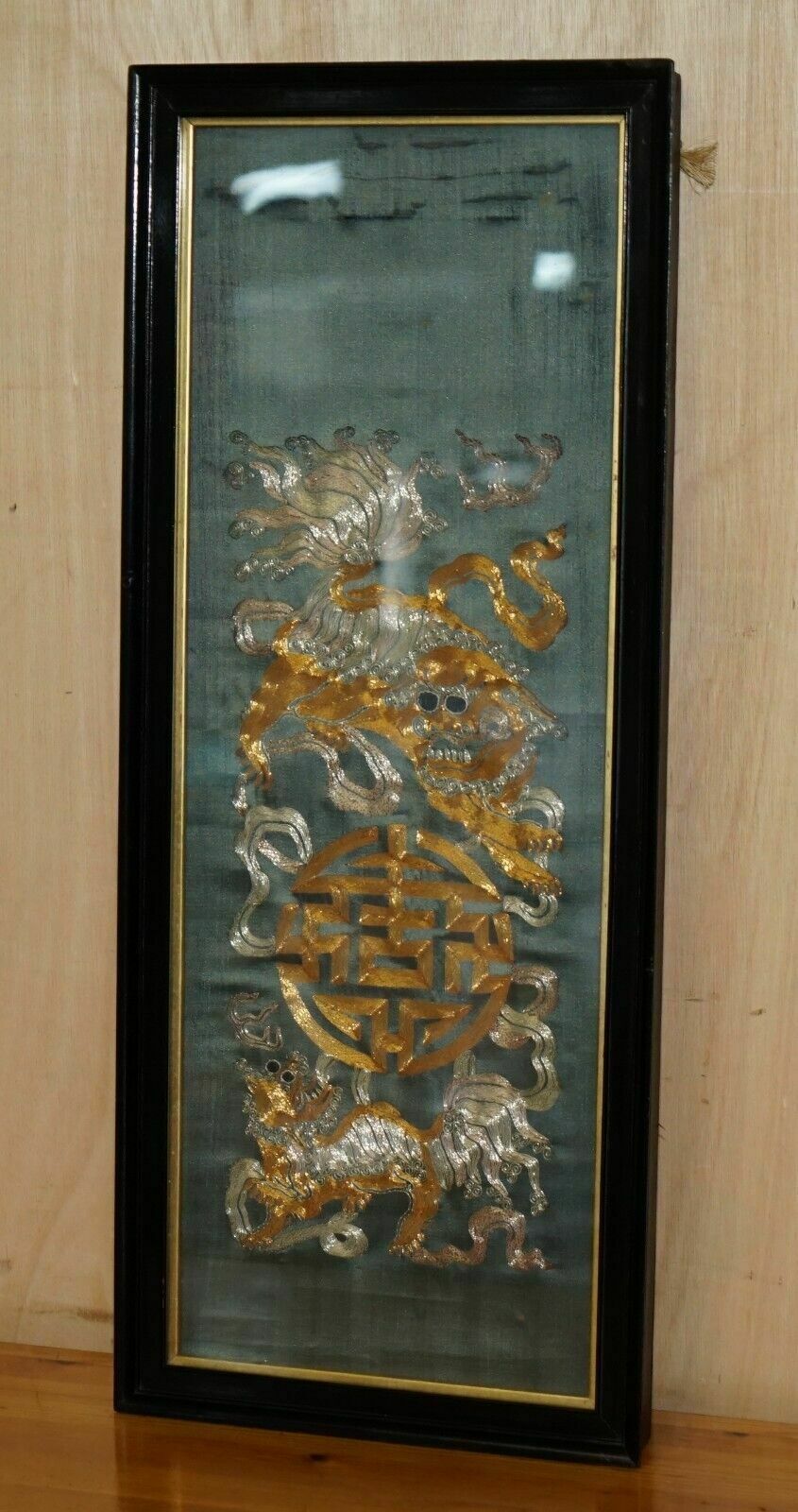 Pair Of 19th Century Chinese Dragon Foo Dog Gold Silver Stitch Silk Embroideries photo Art