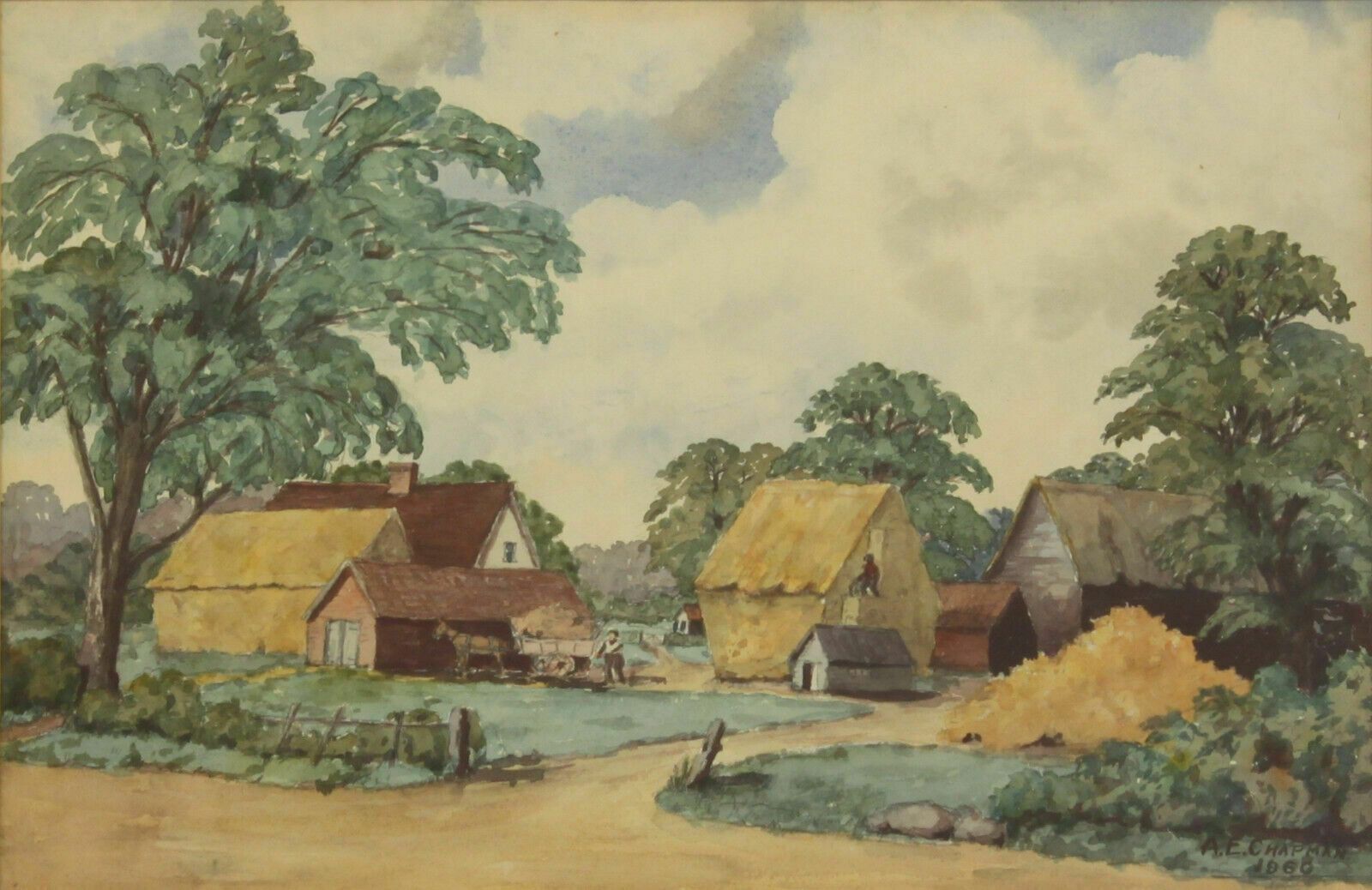 Watercolour By A E Chapman. Subject Is Haystacks In A Farmyard. photo furniture