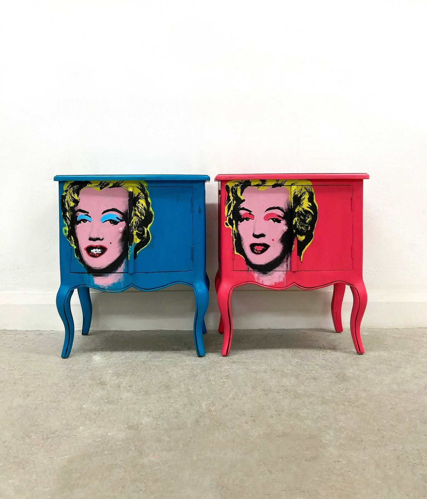 Two Side Cupboards. Pop Art. Andy Warhol, Marilyn Monroe. Hand Painted Cabinet. Bedroom, Dining Room, Lounge Furniture. Solid Mahogany Wood photo furniture