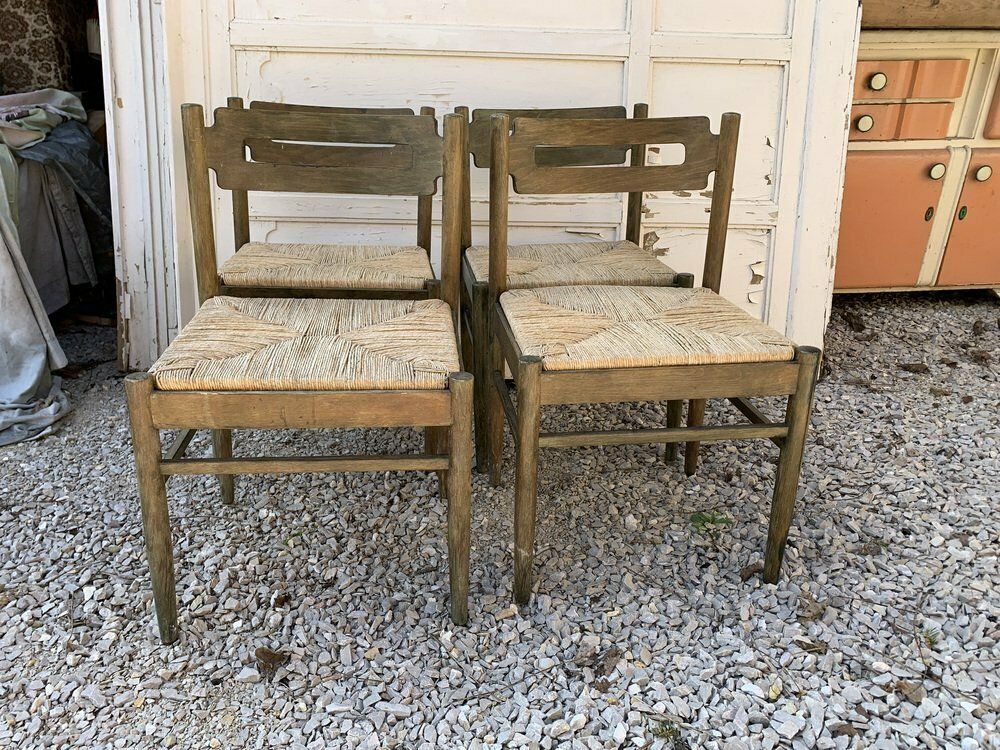 Rustic Wooden Dining Chairs With Straw Seats, 1970s, Set Of 4 photo furniture