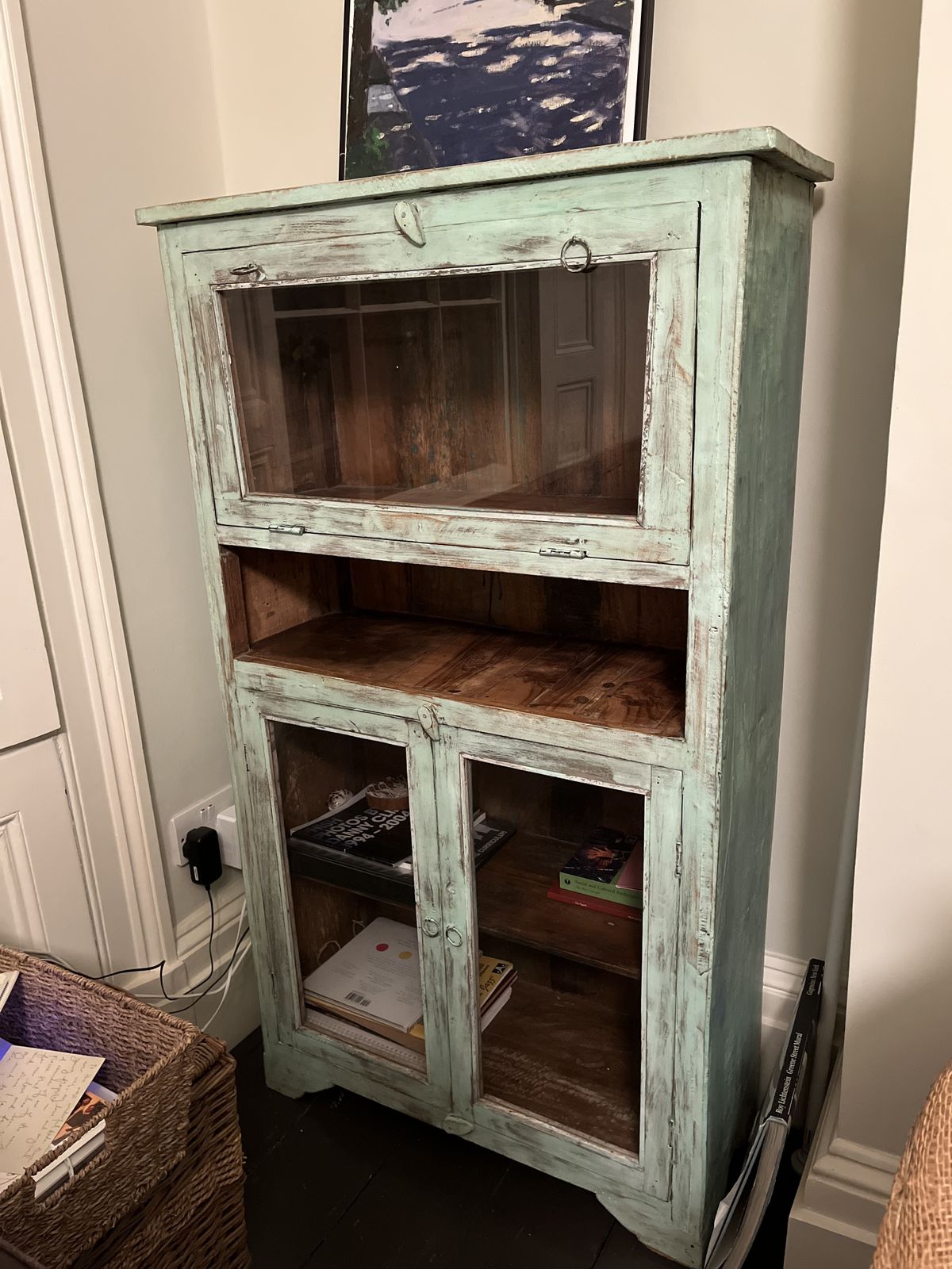 Vintage Indian Blue Wooden Glazed Shop Display Drinks Cocktail Cabinet photo for sale