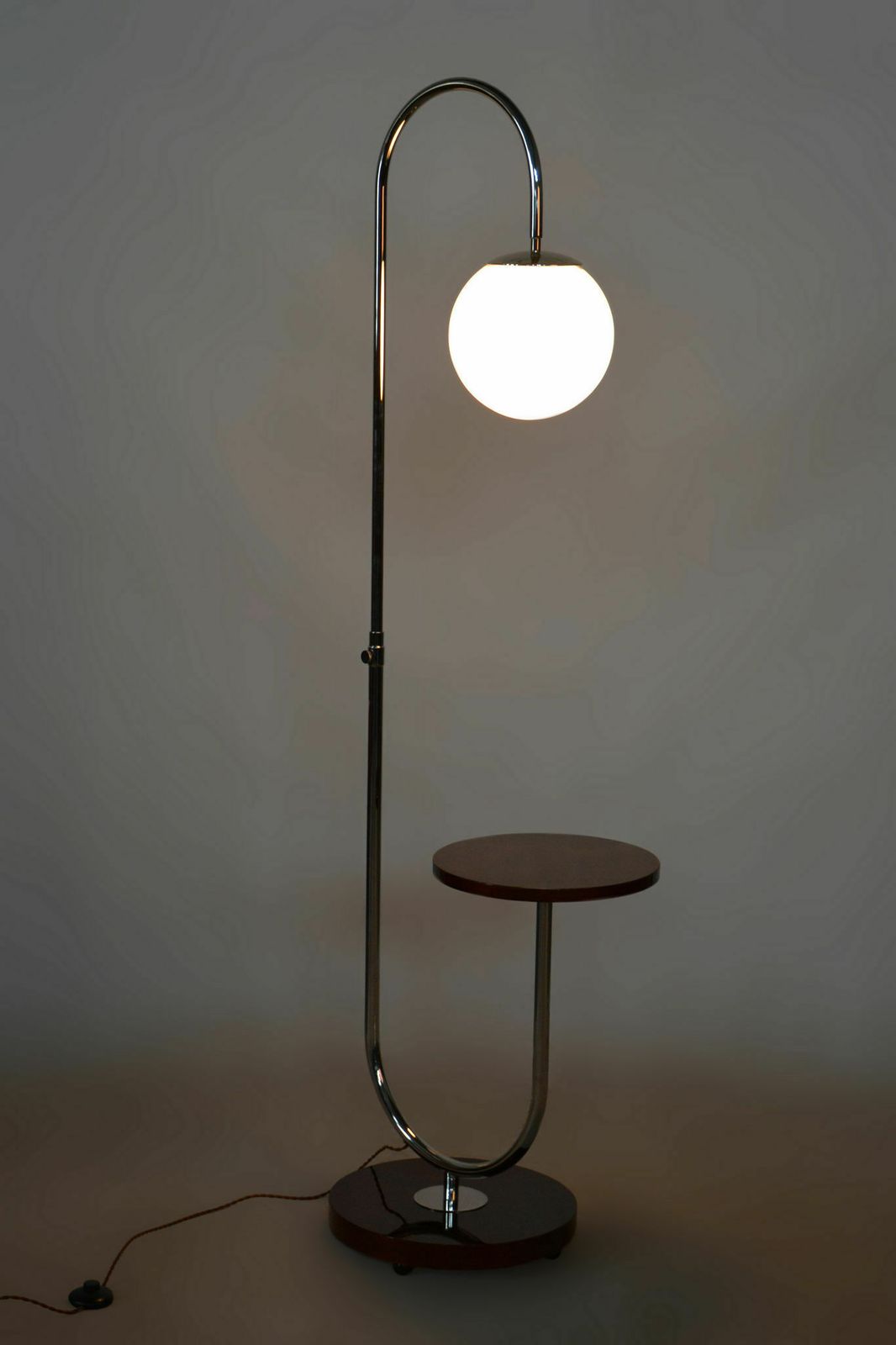 Restored Artdeco Floor Lamp, J. Halabala, Up Zavody, New Electrification, Luxury Design, Walnut, Chrome, Opal Glass, Czechia, 1930s photo 1650.0