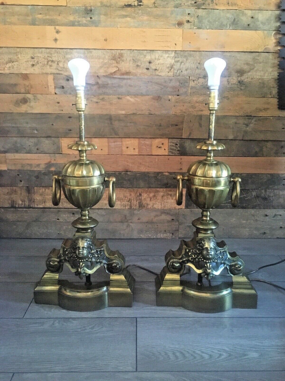 Grand Pair Of Antique Brass Putti Dolphin Fireside Andiron Table Lamps Fire Dogs