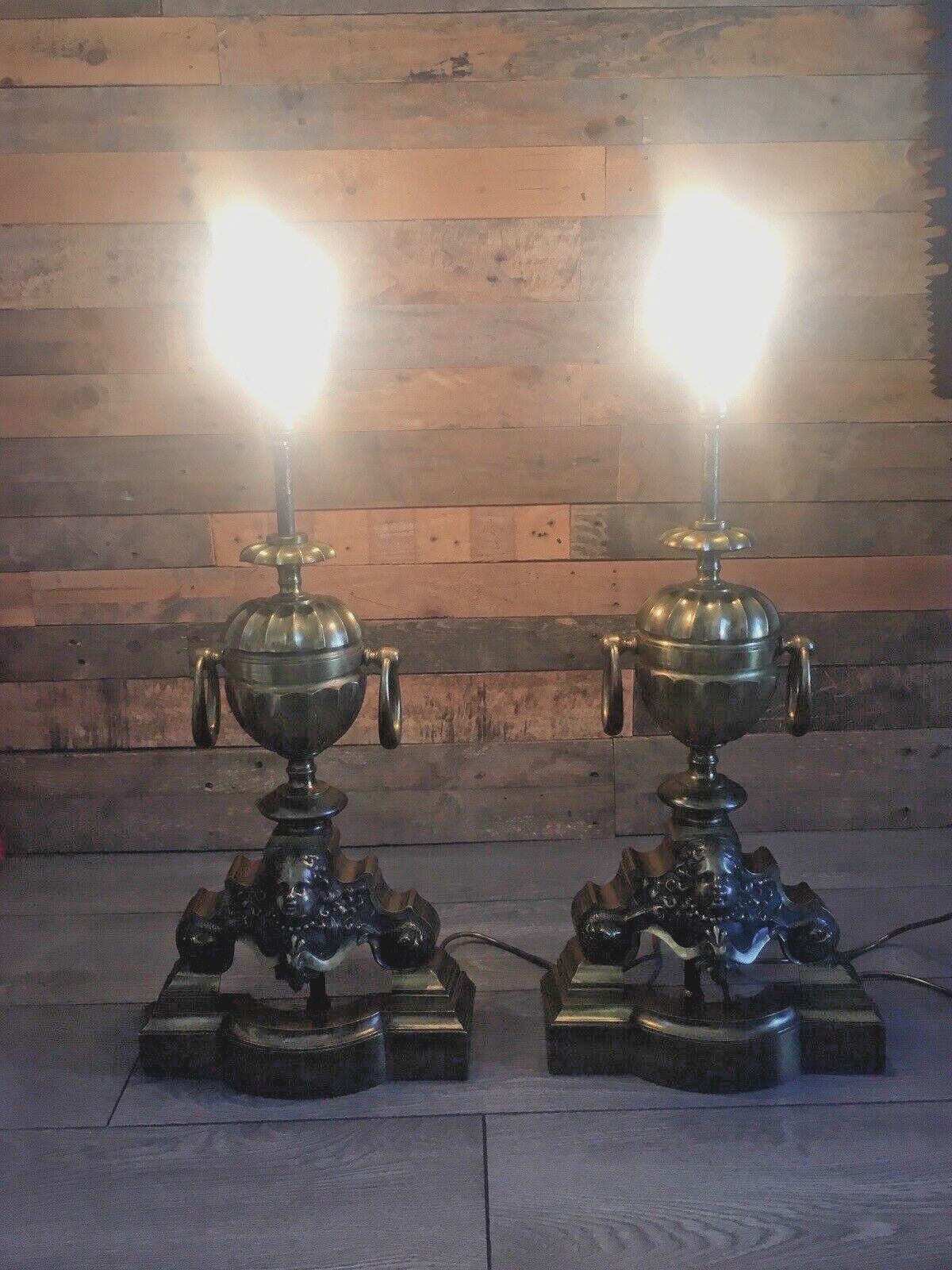 Grand Pair Of Antique Brass Putti Dolphin Fireside Andiron Table Lamps Fire Dogs photo furniture