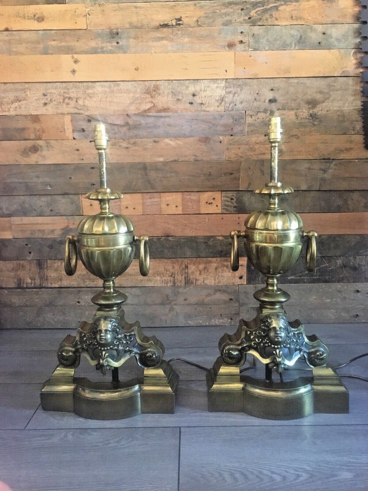 Grand Pair Of Antique Brass Putti Dolphin Fireside Andiron Table Lamps Fire Dogs photo for sale