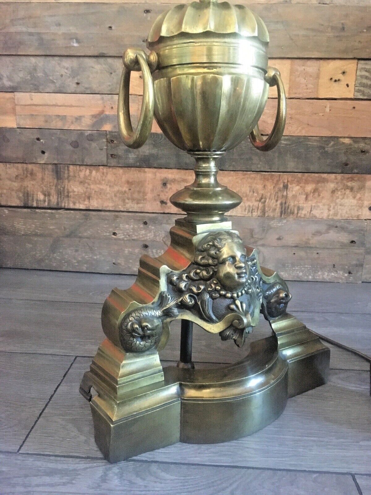 Grand Pair Of Antique Brass Putti Dolphin Fireside Andiron Table Lamps Fire Dogs photo vintage