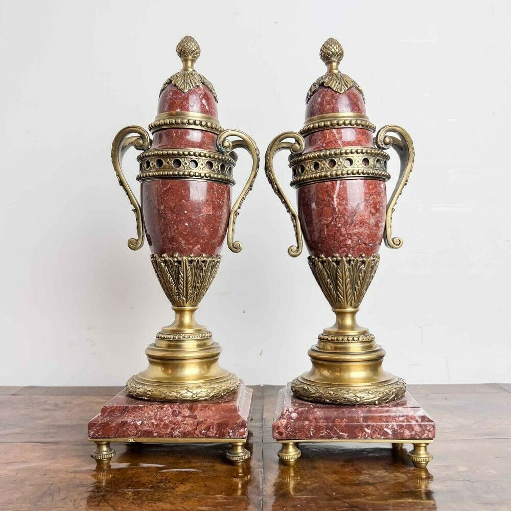 A Pair Of French Rouge Marble And Gilt Bronze Cassolettes photo for sale