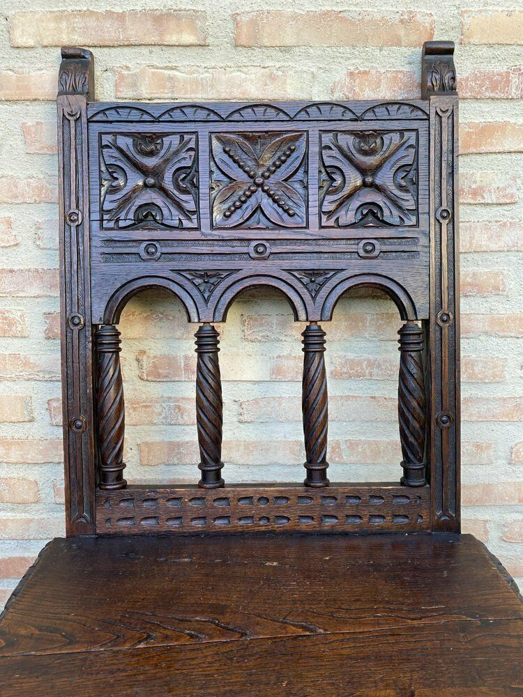 Early 20th Century Spanish Carved Chairs With Wood Seat, 1890s, Set Of 2 photo for sale