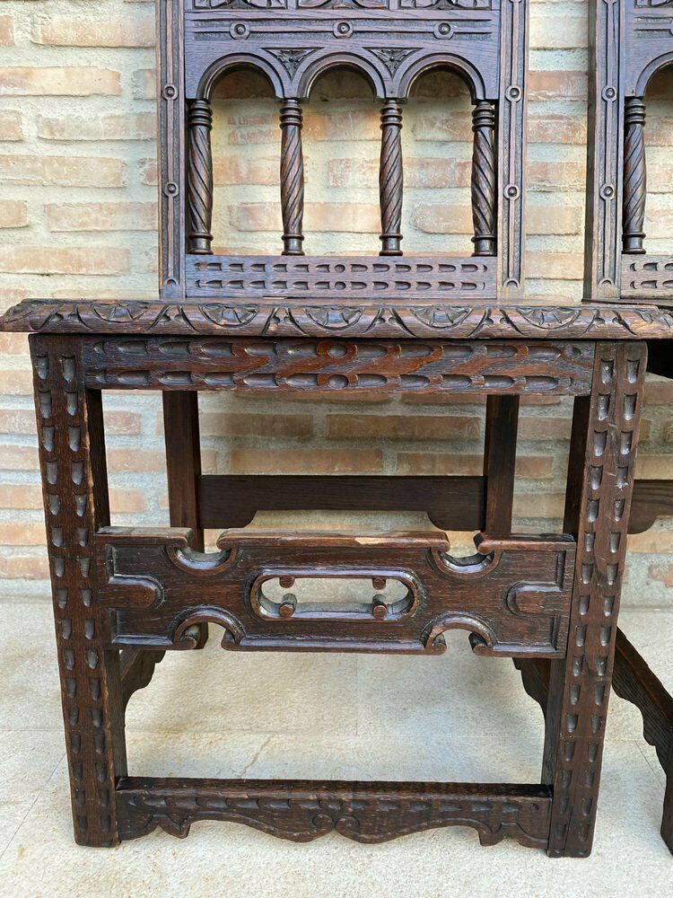 Early 20th Century Spanish Carved Chairs With Wood Seat, 1890s, Set Of 2 photo vintage