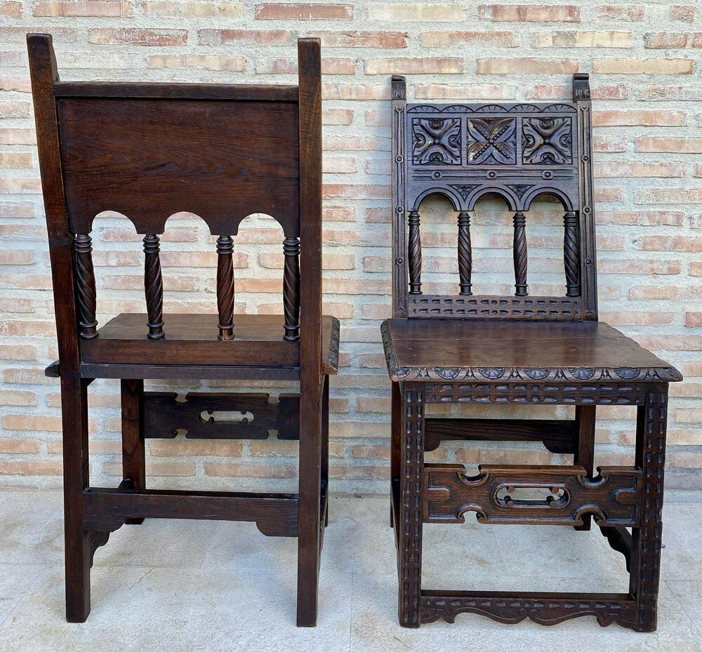 photo buy Early 20th Century Spanish Carved Chairs With Wood Seat, 1890s, Set Of 2