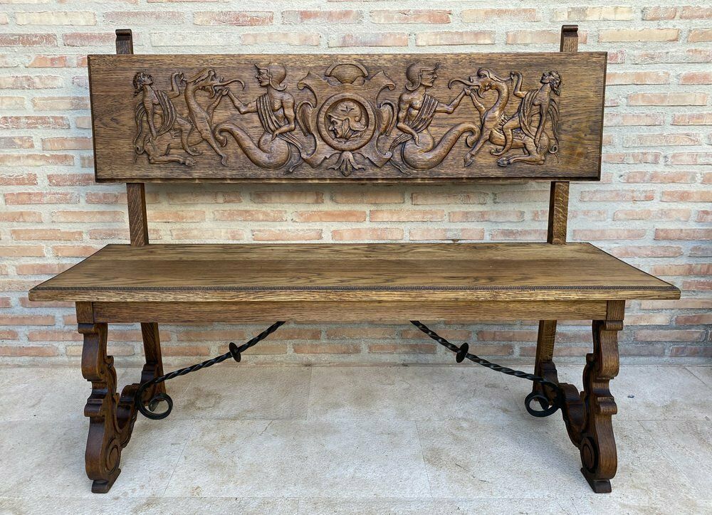 Spanish Renaissance Carved Oak Bench Banquette Escaño, 1890s photo Furniture