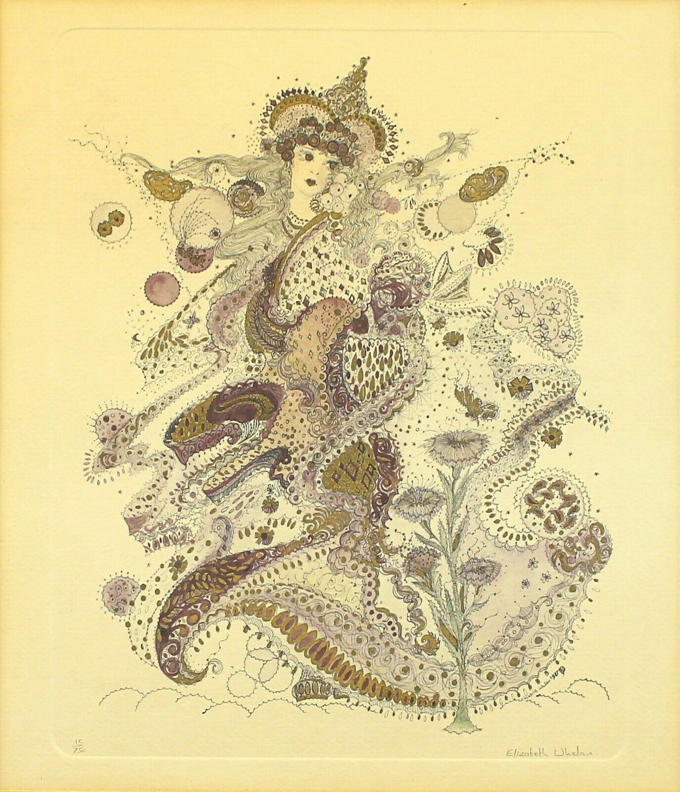 Hand Embellished Etching By Elizabeth Whelan . A Fairy With A Thistle. photo furniture