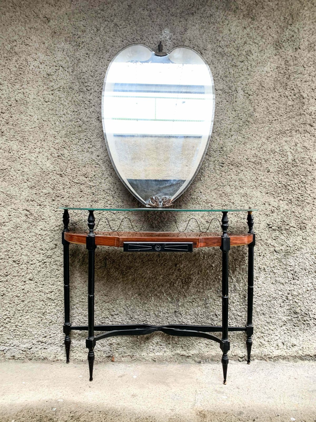 Console In Wood And Glass With 1950s Acid Etched Mirror