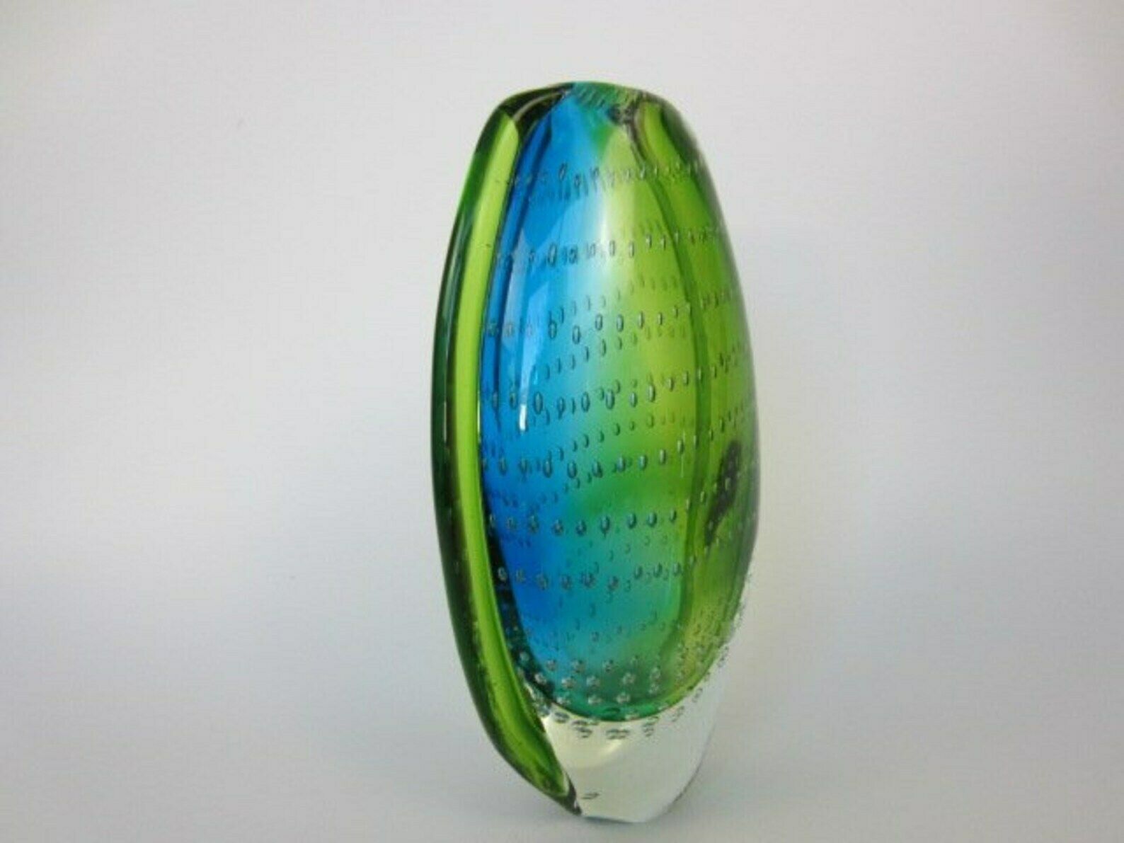 Heavy Oval Shaped Murano Sommerso Style Art Glass Vase Blues Greens & Bullicante photo for sale