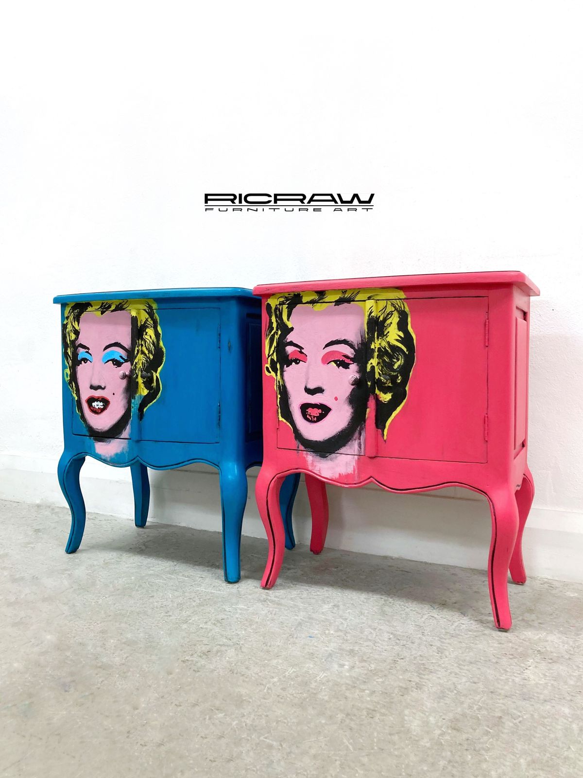 Two Side Cupboards. Pop Art. Andy Warhol, Marilyn Monroe. Hand Painted Cabinet. Bedroom, Dining Room, Lounge Furniture. Solid Mahogany Wood