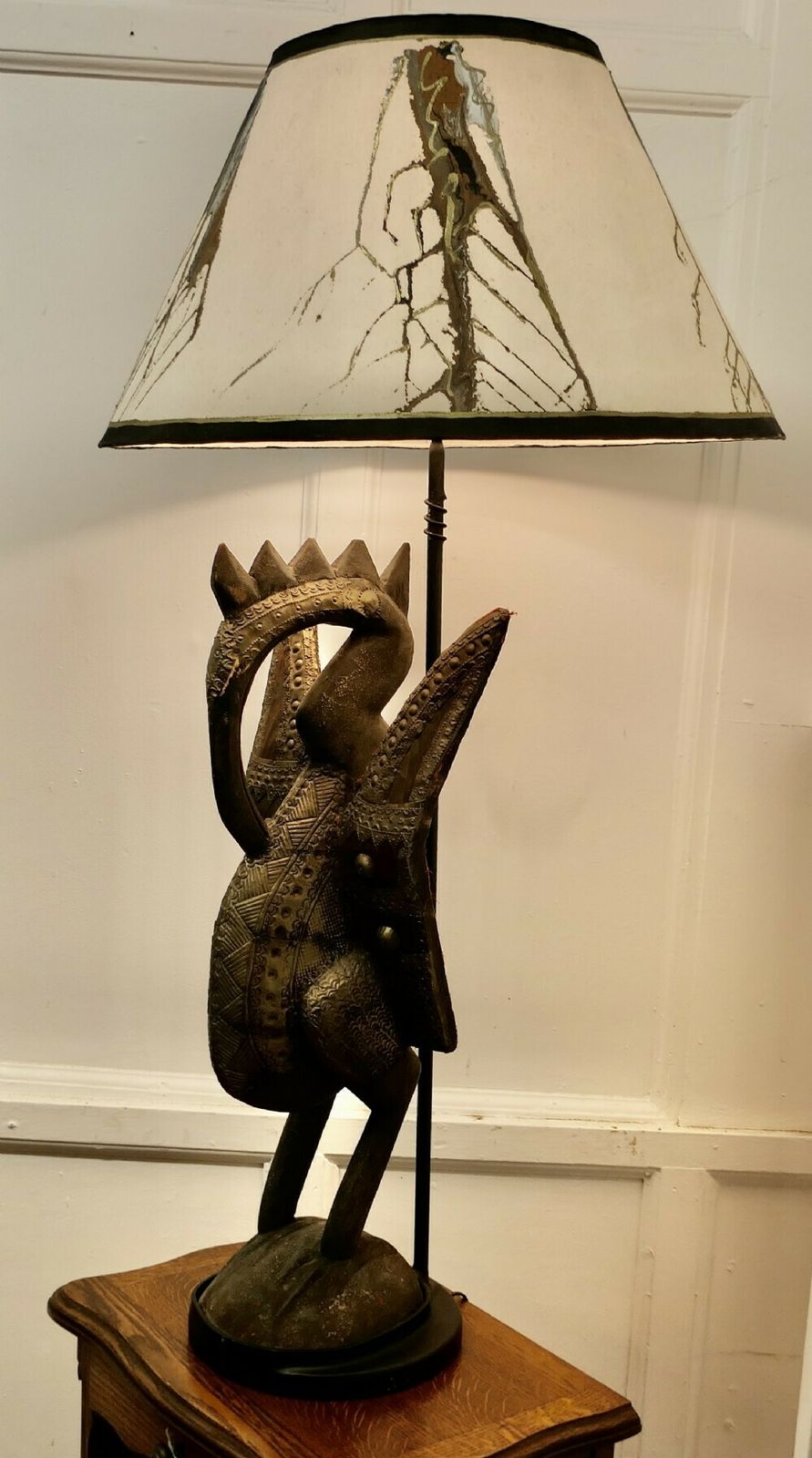 African Senufo Bird Carved Wood Sculpture, Set As A Tall Lamp