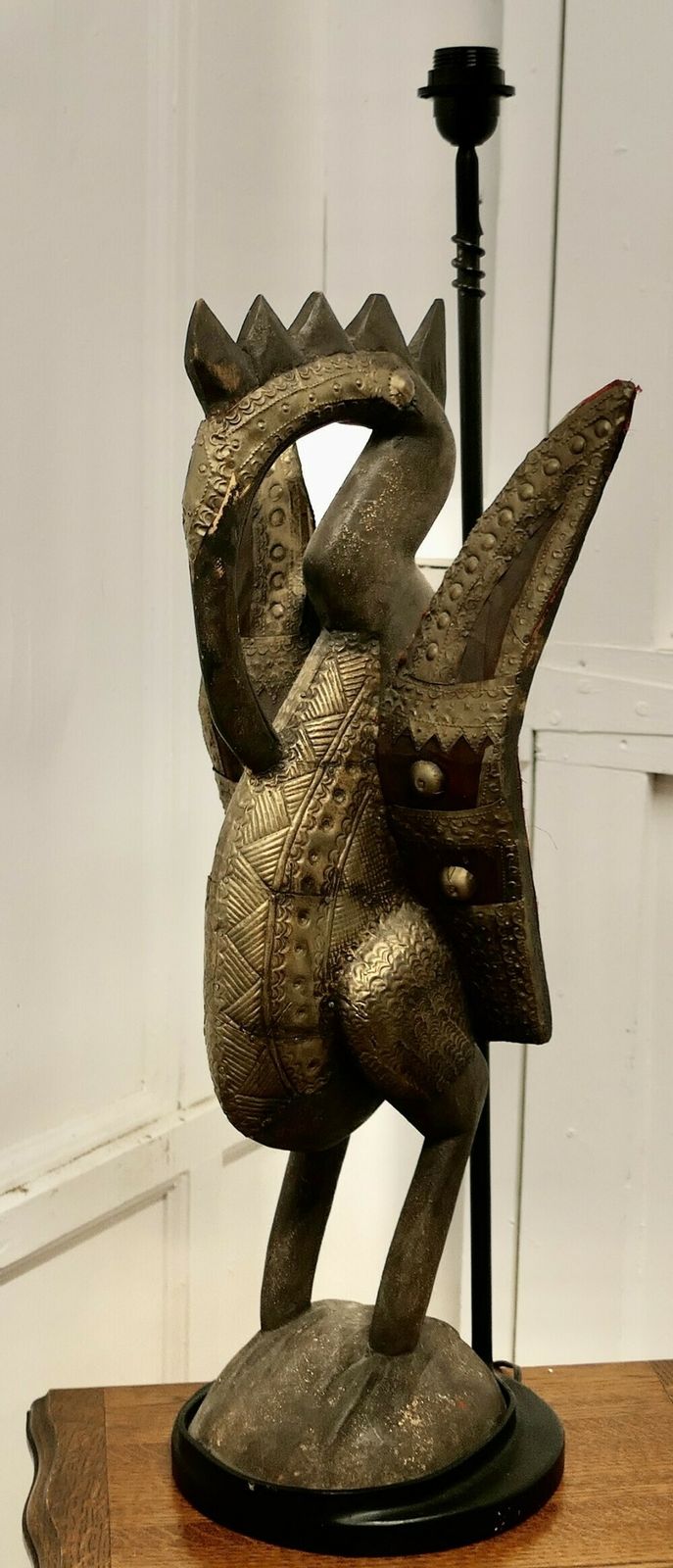 2700.0 African Senufo Bird Carved Wood Sculpture, Set As A Tall Lamp photo
