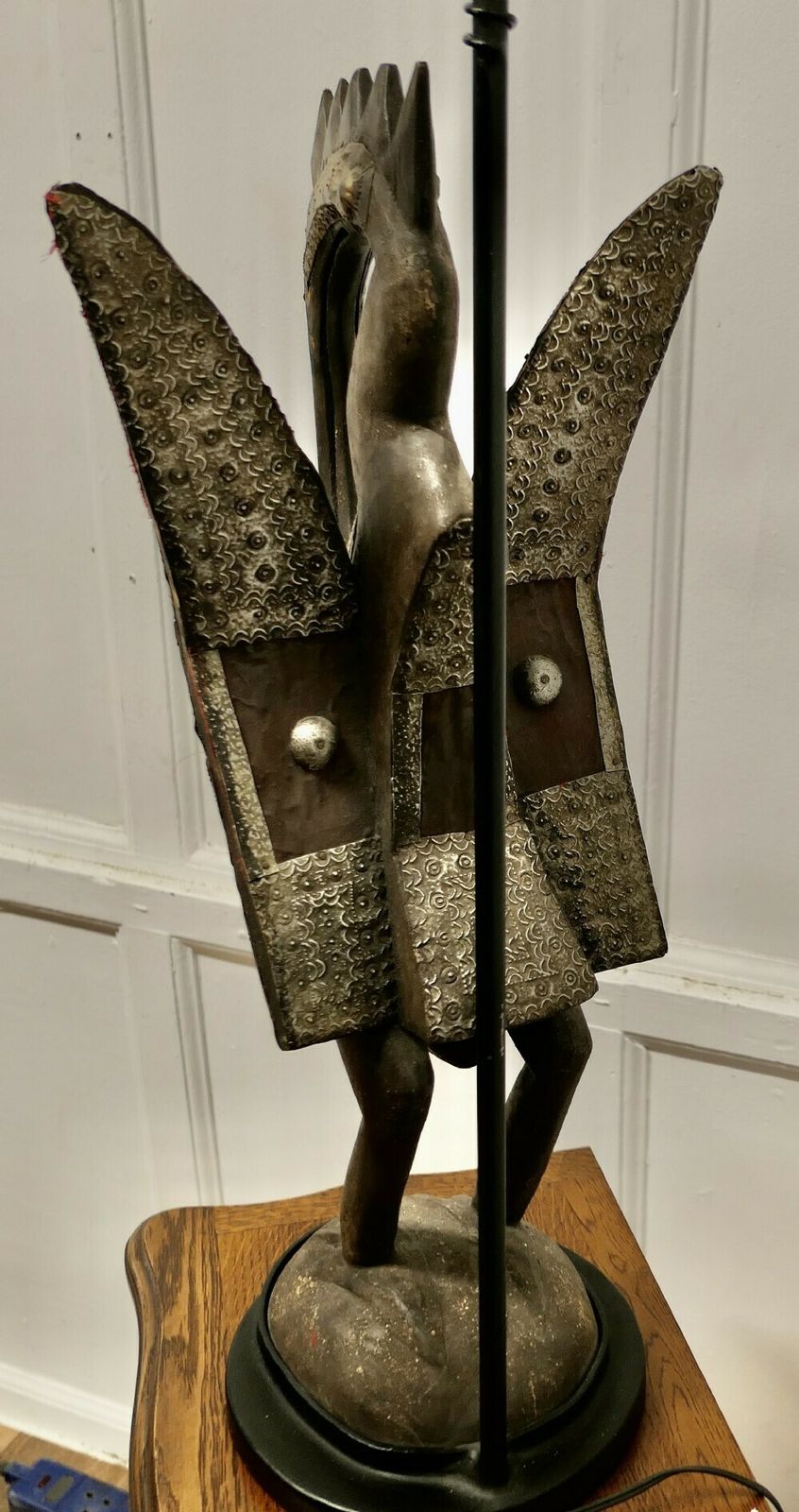 photo vinterior African Senufo Bird Carved Wood Sculpture, Set As A Tall Lamp