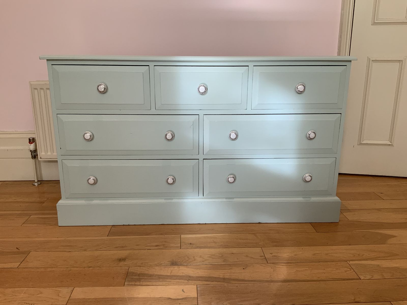 Vintage Blue Painted Chest Of Drawers With Porcelain Knobs photo for sale