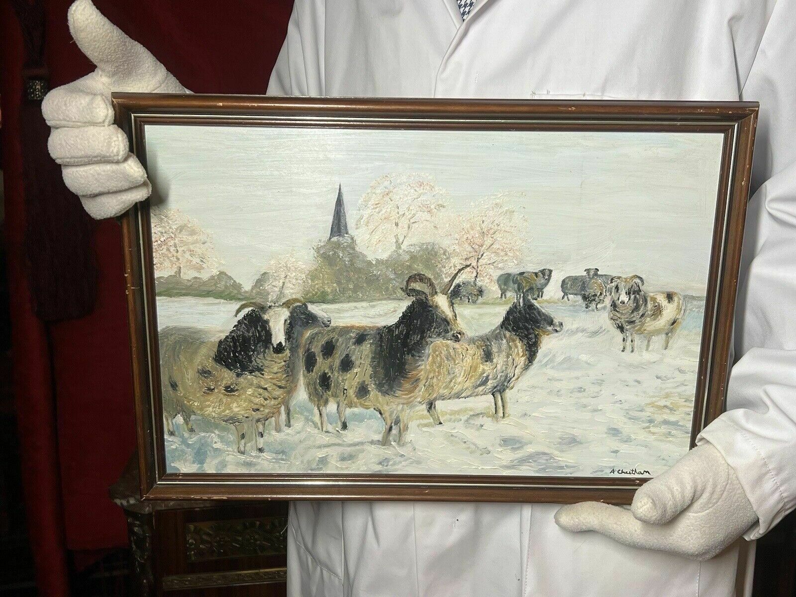 British Contemporary Artist A Cheetham Horned Ewes In Winter Landscape photo furniture