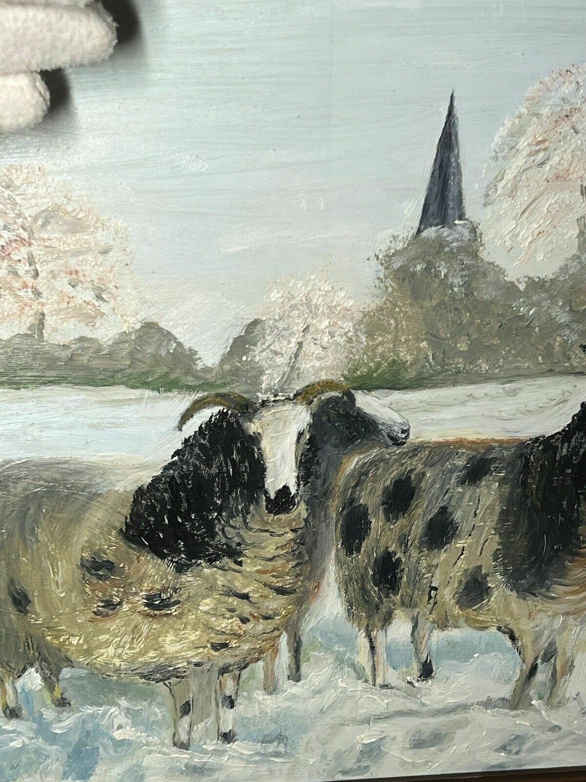 British Contemporary Artist A Cheetham Horned Ewes In Winter Landscape photo vinterior