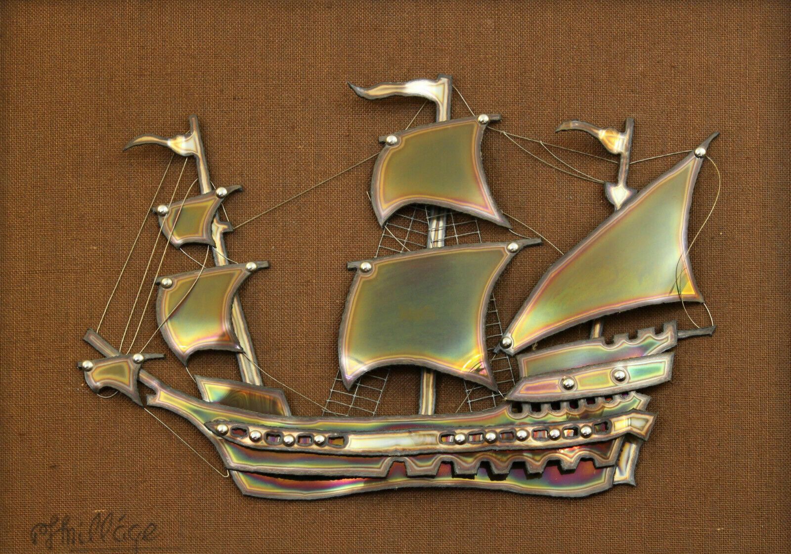 A Large And Impressive Decorative Metal Ship Mounted On Board By Peter Millage photo furniture