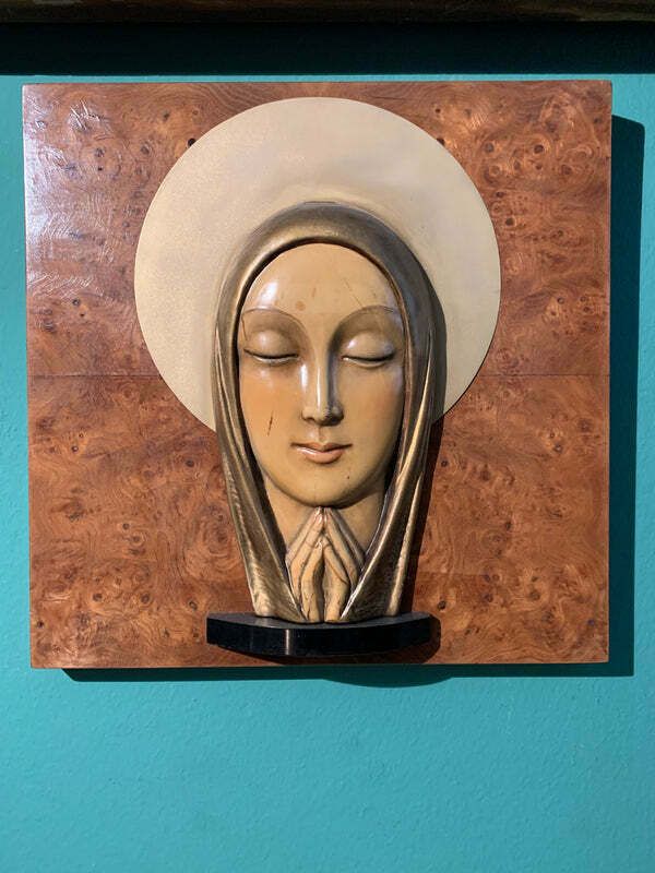 Madonna Sculpture In Ceramic On Wood From The 1970s