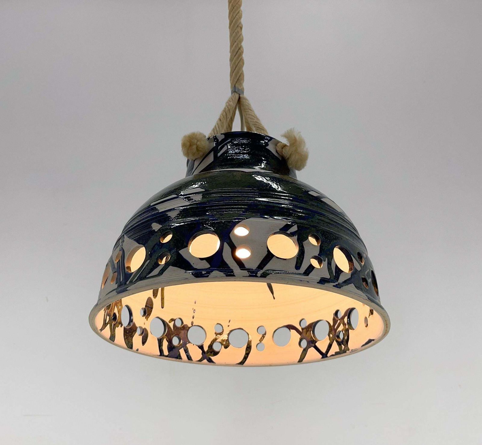 1970s Ceramic Pendant Light Suspended On A On Rope, Denmark photo vintage