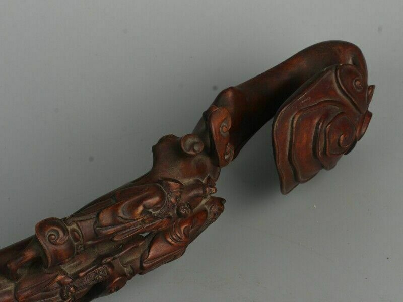 Art Vintage Boxwood "Ruyi" Carved With Three Old Men With A Kid And A Deer photo