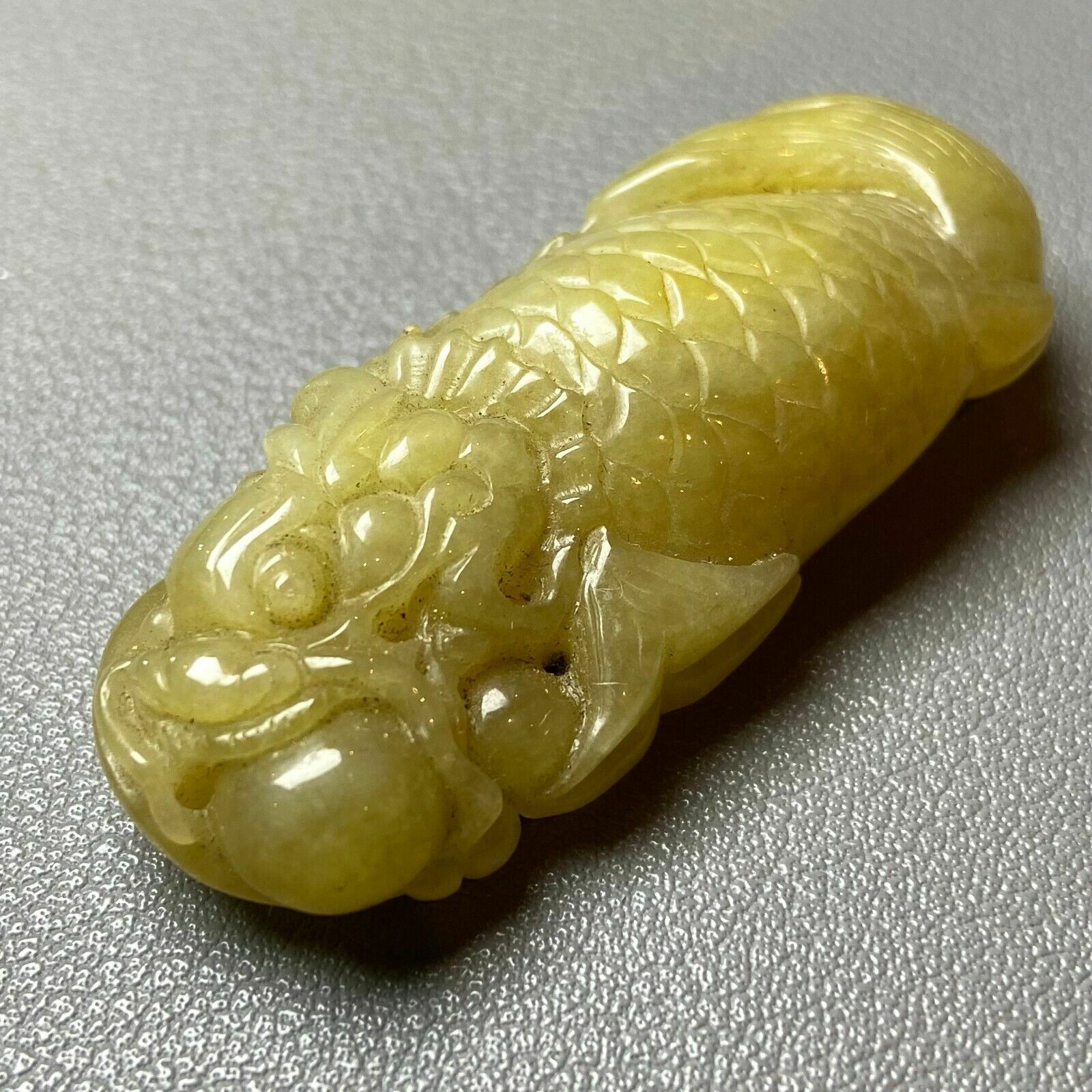 Antique Chinese Grade A Yellow Jadeite Jade Statue Caved Dragon Fish photo for sale
