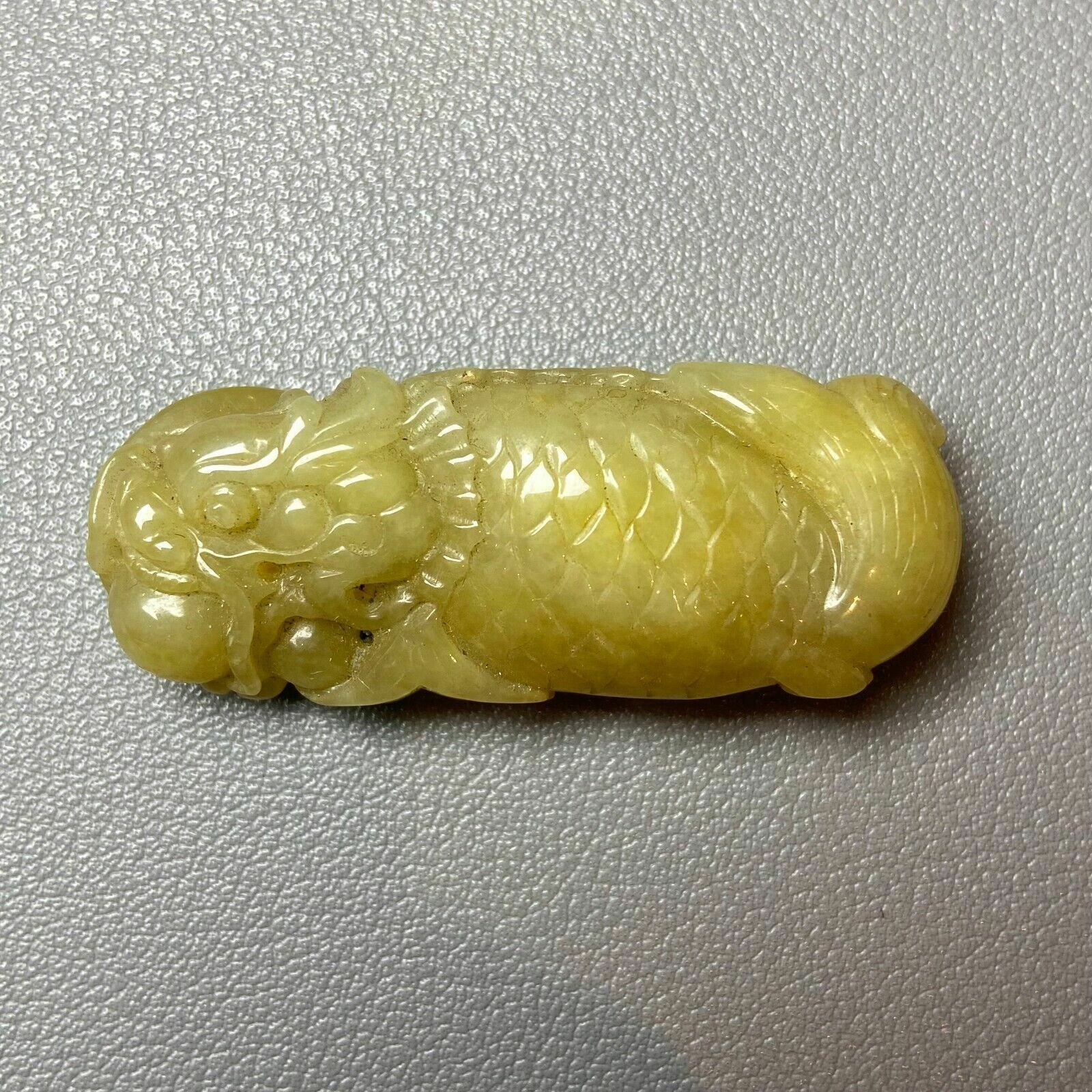 980.0 Antique Chinese Grade A Yellow Jadeite Jade Statue Caved Dragon Fish photo