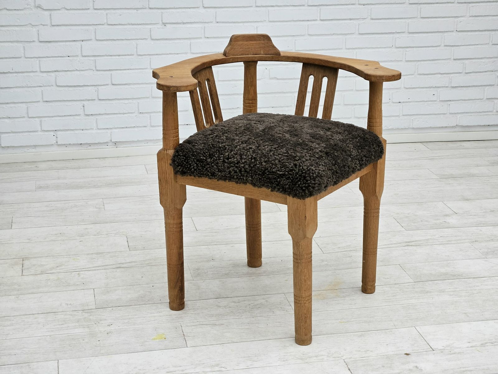 1950s, Danish Design, Reupholstered Armchair, New Zealand Sheepskin, Oak Wood. photo for sale