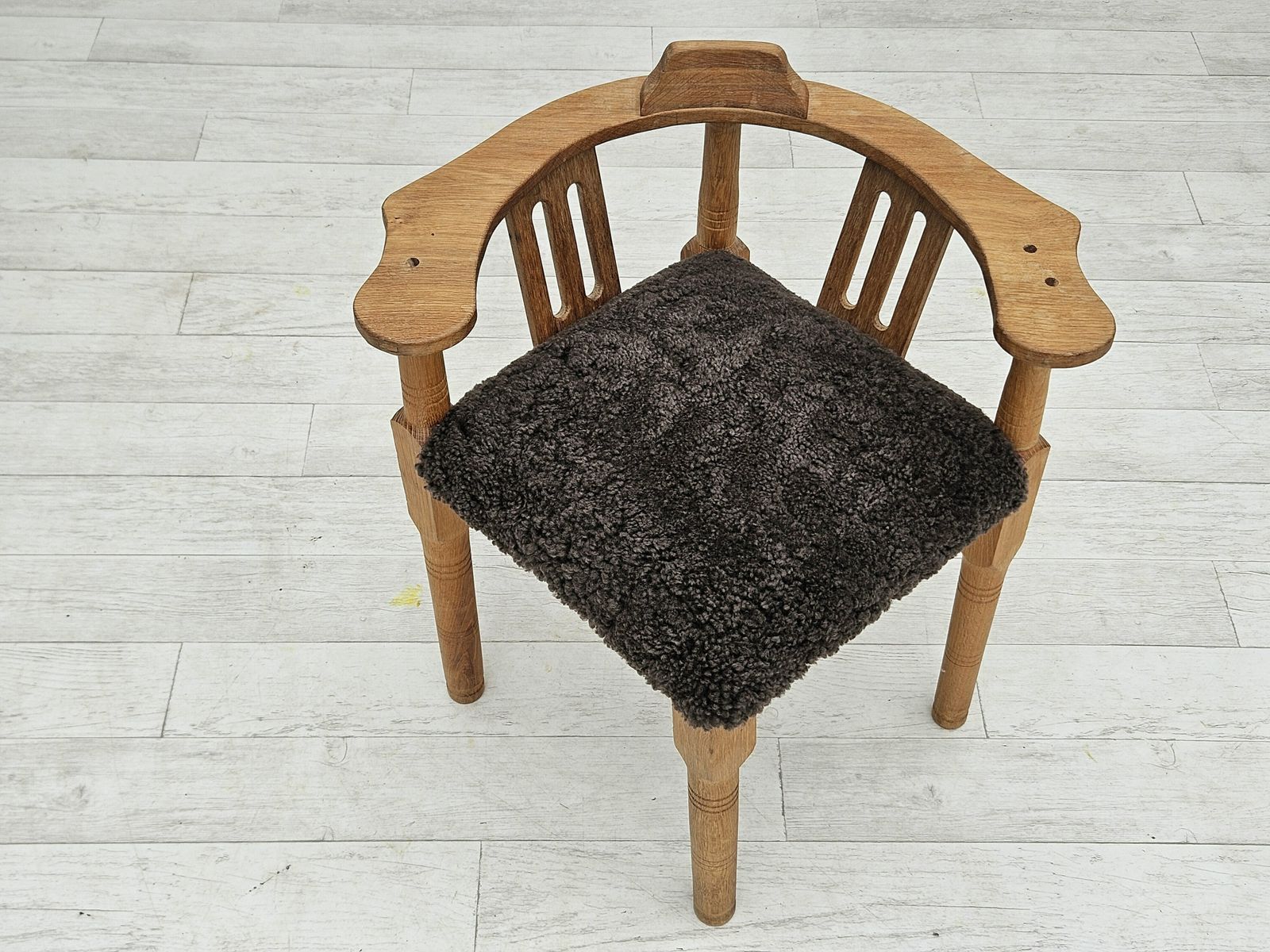 1950s, Danish Design, Reupholstered Armchair, New Zealand Sheepskin, Oak Wood. photo vintage