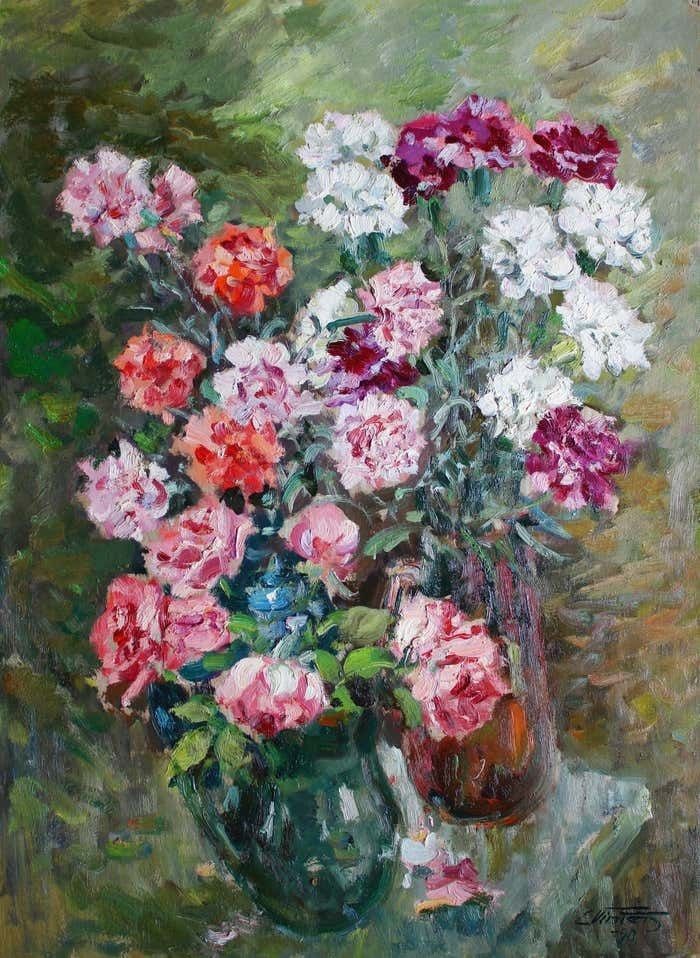 Edgars Vinters Carnations And Roses. 1990, Cardboard, Oil, 92x67 Cm