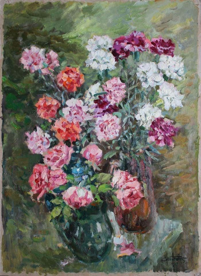Edgars Vinters Carnations And Roses. 1990, Cardboard, Oil, 92x67 Cm photo vintage